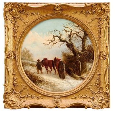 Lot 923 - Thomas Smythe (1825-1906) oil on panel - The Log Drag, signed, 35.5cm tondo, in gilt frame