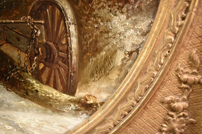 Lot 923 - Thomas Smythe (1825-1906) oil on panel - The Log Drag, signed, 35.5cm tondo, in gilt frame