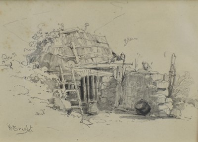 Lot 917 - Henry Bright (1810-1873) pencil sketch - Rural Building, signed, 9.5cm x 13cm, in glazed frame