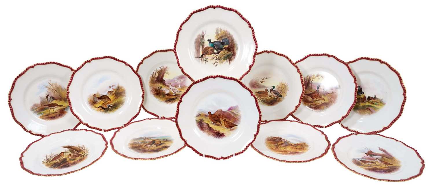 Lot 276 - A set of twelve Royal Worcester plates, printed and painted with game birds, retailers marks for James Green and Nephew, London, marks for circa 1903
