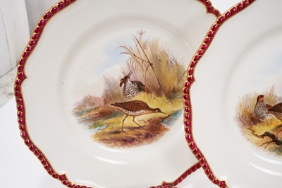 Lot 276 - A set of twelve Royal Worcester plates, printed and painted with game birds, retailers marks for James Green and Nephew, London, marks for circa 1903