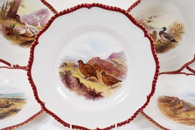 Lot 276 - A set of twelve Royal Worcester plates, printed and painted with game birds, retailers marks for James Green and Nephew, London, marks for circa 1903
