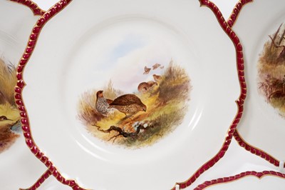 Lot 276 - A set of twelve Royal Worcester plates, printed and painted with game birds, retailers marks for James Green and Nephew, London, marks for circa 1903