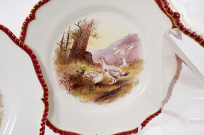 Lot 276 - A set of twelve Royal Worcester plates, printed and painted with game birds, retailers marks for James Green and Nephew, London, marks for circa 1903