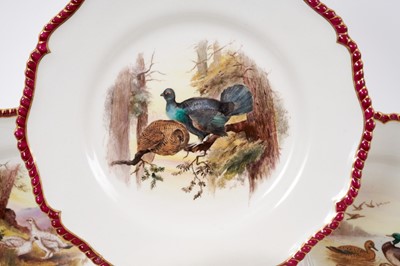 Lot 276 - A set of twelve Royal Worcester plates, printed and painted with game birds, retailers marks for James Green and Nephew, London, marks for circa 1903