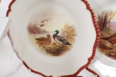 Lot 276 - A set of twelve Royal Worcester plates, printed and painted with game birds, retailers marks for James Green and Nephew, London, marks for circa 1903