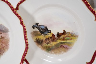 Lot 276 - A set of twelve Royal Worcester plates, printed and painted with game birds, retailers marks for James Green and Nephew, London, marks for circa 1903