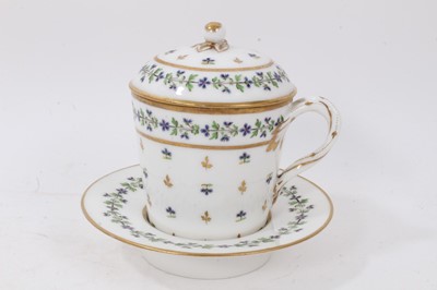 Lot 91 - A Paris porcelain (Guerhard et Dihl) chocolate cup, cover and trembleuse saucer, circa 1800