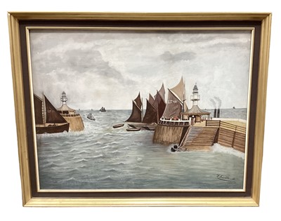 Lot 908 - H Friedlands, watercolour, pier head scene off Gorleston pier, signed and dated 1915, 47 x 62cm, glazed frame 
Provenance: The Angela Kay Collection.