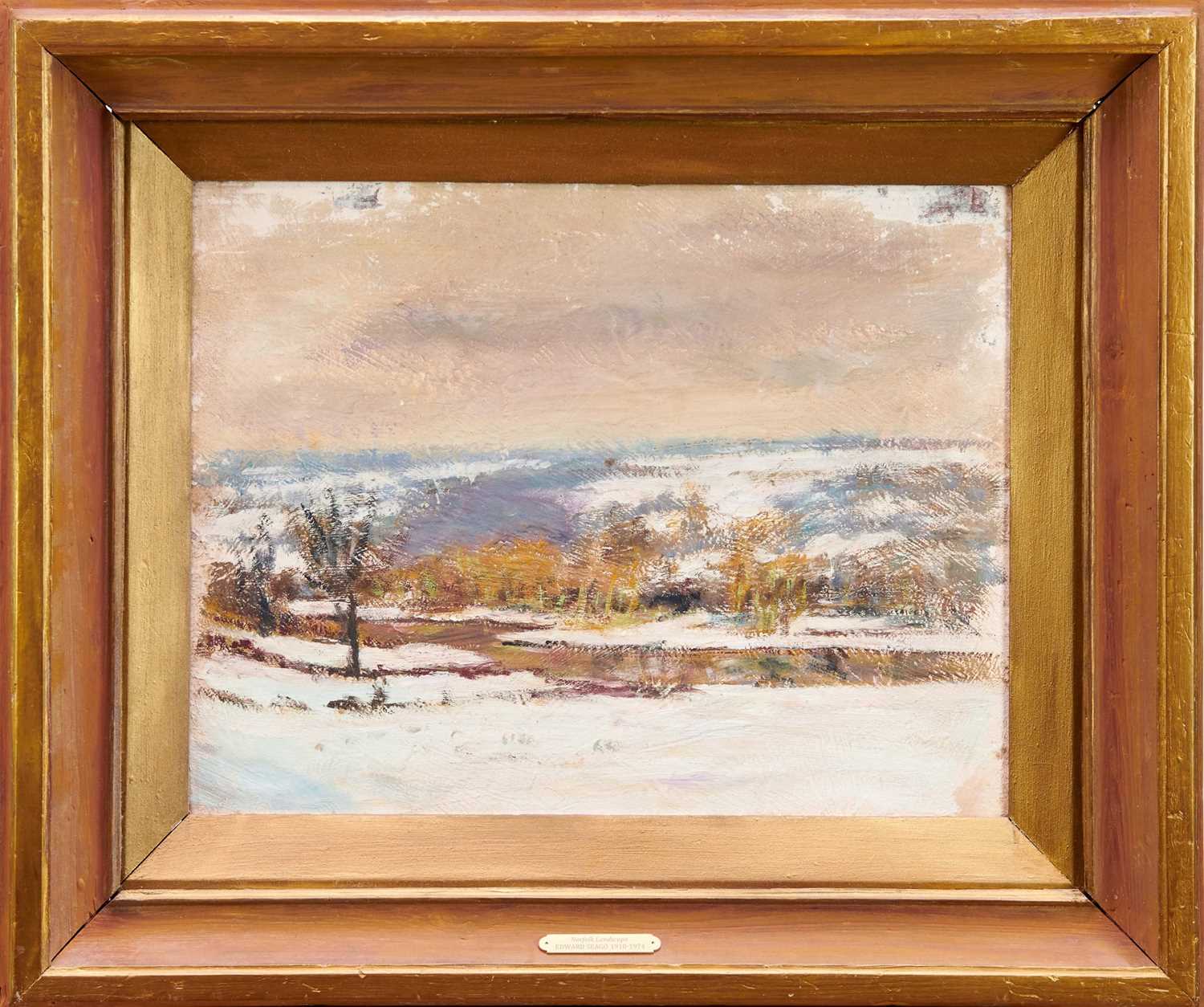 Lot 856 - Manner of Edward Seago (1910-1974) oil on board - Winter Landscape near Norwich, labels verso, 36cm x 45cm, in gilt frame