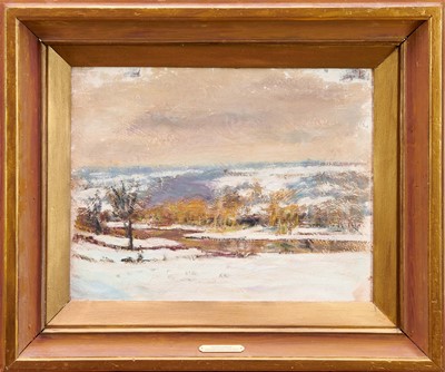Lot 856 - Manner of Edward Seago (1910-1974) oil on board - Winter Landscape near Norwich, labels verso, 36cm x 45cm, in gilt frame