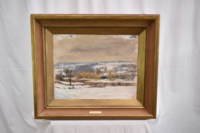Lot 856 - Manner of Edward Seago (1910-1974) oil on board - Winter Landscape near Norwich, labels verso, 36cm x 45cm, in gilt frame