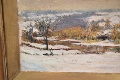 Lot 856 - Manner of Edward Seago (1910-1974) oil on board - Winter Landscape near Norwich, labels verso, 36cm x 45cm, in gilt frame