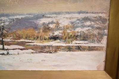Lot 856 - Manner of Edward Seago (1910-1974) oil on board - Winter Landscape near Norwich, labels verso, 36cm x 45cm, in gilt frame