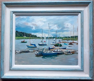 Lot 857 - Henrietta Charteris (b. 1979) oil on board - Moored Boats, signed, 38cm x 48cm, in painted frame