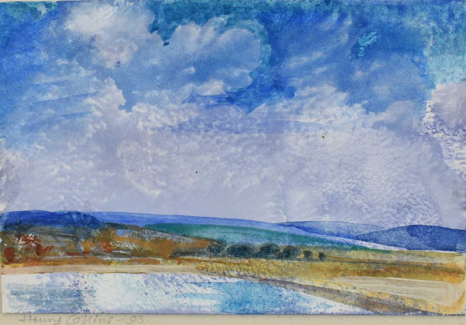 Lot 279 - Henry Collins (1910-1994) watercolour - Extensive Landscape, signed and dated '93, 10cm x 14.5cm, in glazed gilt frame
