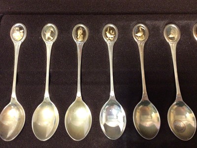 Lot 251 - Cased set of twelve RSPB silver teaspoons, with silver gilt terminals