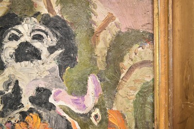 Lot 879 - *Lucy Harwood (1893-1972) oil on canvas, still life with fish vase and Staffordshire spaniel, 61 x 51cm, gilt frame, Ixion Society label verso, dated 1963