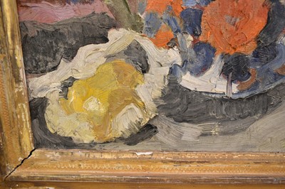 Lot 879 - *Lucy Harwood (1893-1972) oil on canvas, still life with fish vase and Staffordshire spaniel, 61 x 51cm, gilt frame, Ixion Society label verso, dated 1963