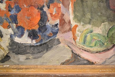 Lot 879 - *Lucy Harwood (1893-1972) oil on canvas, still life with fish vase and Staffordshire spaniel, 61 x 51cm, gilt frame, Ixion Society label verso, dated 1963