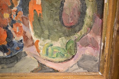 Lot 879 - *Lucy Harwood (1893-1972) oil on canvas, still life with fish vase and Staffordshire spaniel, 61 x 51cm, gilt frame, Ixion Society label verso, dated 1963