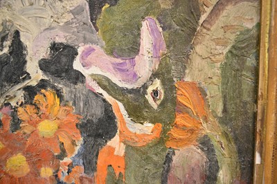 Lot 879 - *Lucy Harwood (1893-1972) oil on canvas, still life with fish vase and Staffordshire spaniel, 61 x 51cm, gilt frame, Ixion Society label verso, dated 1963
