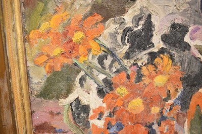 Lot 879 - *Lucy Harwood (1893-1972) oil on canvas, still life with fish vase and Staffordshire spaniel, 61 x 51cm, gilt frame, Ixion Society label verso, dated 1963