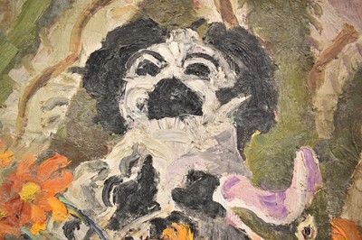 Lot 879 - *Lucy Harwood (1893-1972) oil on canvas, still life with fish vase and Staffordshire spaniel, 61 x 51cm, gilt frame, Ixion Society label verso, dated 1963