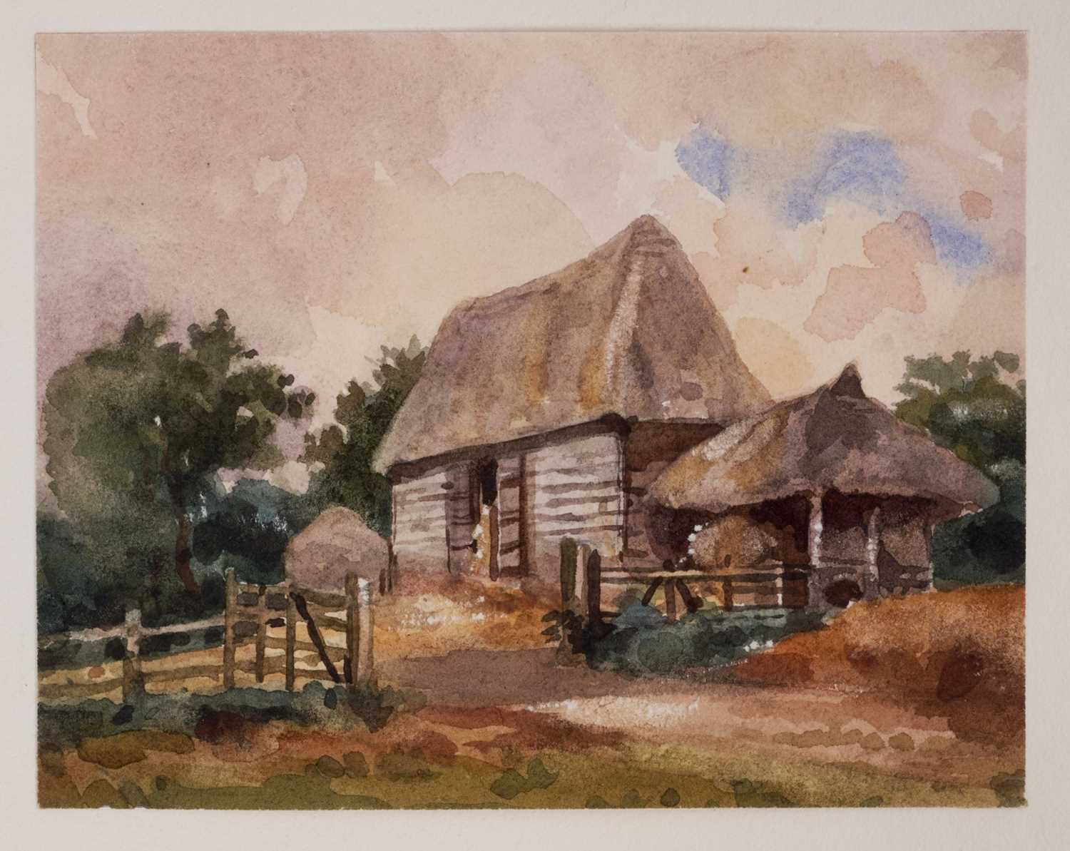 Lot 964 - Thomas Churchyard (1798-1865) watercolour - Barn at Great Bealings, 9.5cm x 12cm, sheet numbered 24 and inscribed, 22.5cm x 36.5cm