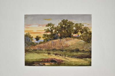Lot 967 - Thomas Churchyard (1798-1865) watercolour - Sunset Landscape, 9.5cm x 12cm, sheet numbered 39, 22.5cm x 36.5cm