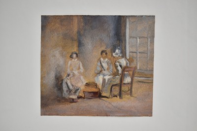 Lot 975 - Thomas Churchyard (1798-1865) watercolour - Figures Shelling Peas, 13.5cm x 15cm, sheet numbered 34 and inscribed, 23.5cm x 36.5cm