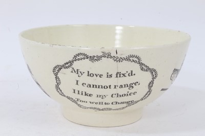 Lot 32 - 18th century cream ware bowl decorated with panels of verse and various scenes including a monkey shaving.