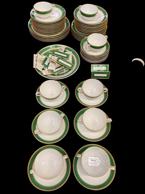 Lot 1115 - Herend porcelain green and white dinner service, comprising of dinner plates, side plates, soup bowls and name place settings - 76 pieces