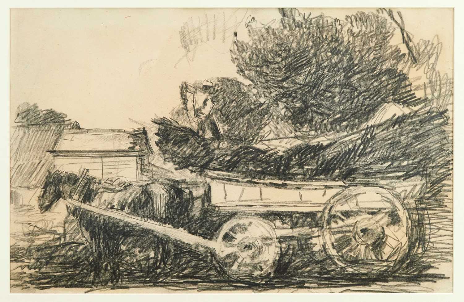 Lot 782 - Harry Becker (1865-1928) pencil and charcoal - Horse and Wagon, 37cm x 57cm, in glazed frame  Provenance: John Stevens Fine Art, Hadleigh Suffolk