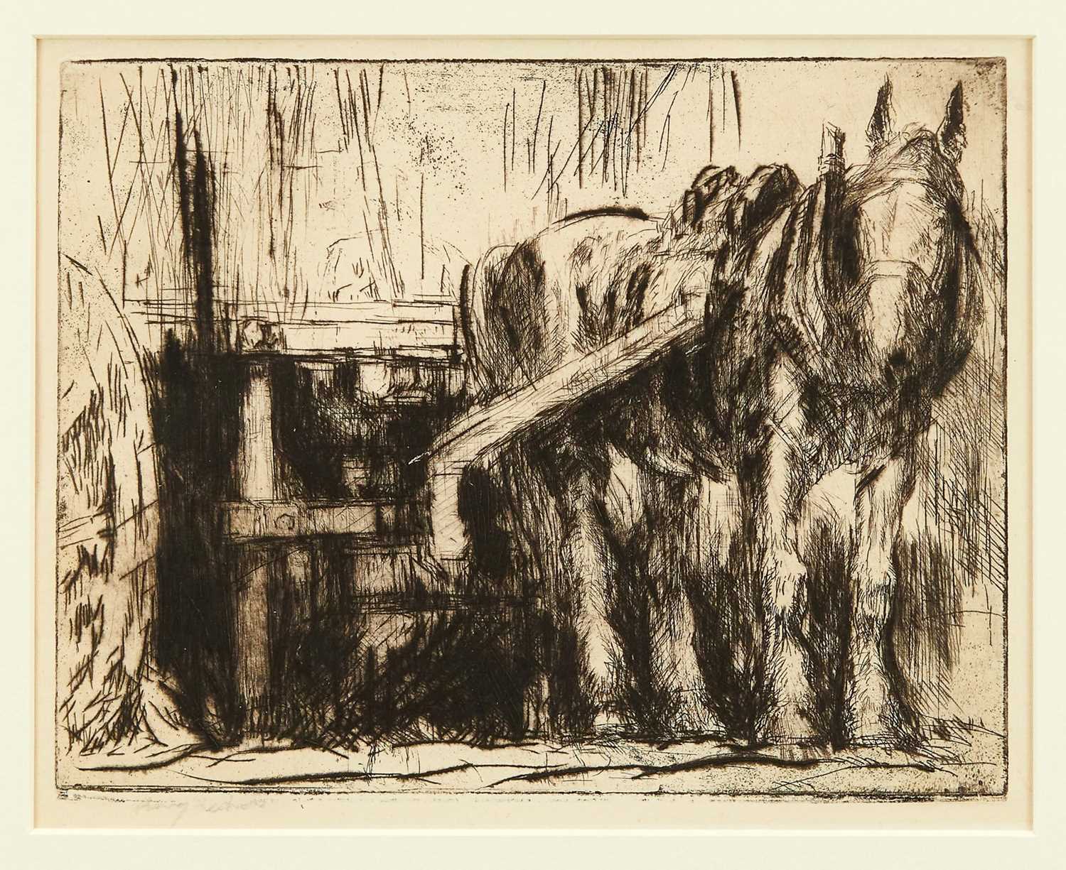 Lot 783 - Harry Becker (1865-1928) signed etching - Old Horse in the Shafts,  
Provenance: John Stevens Fine Art, Hadleigh Suffolk