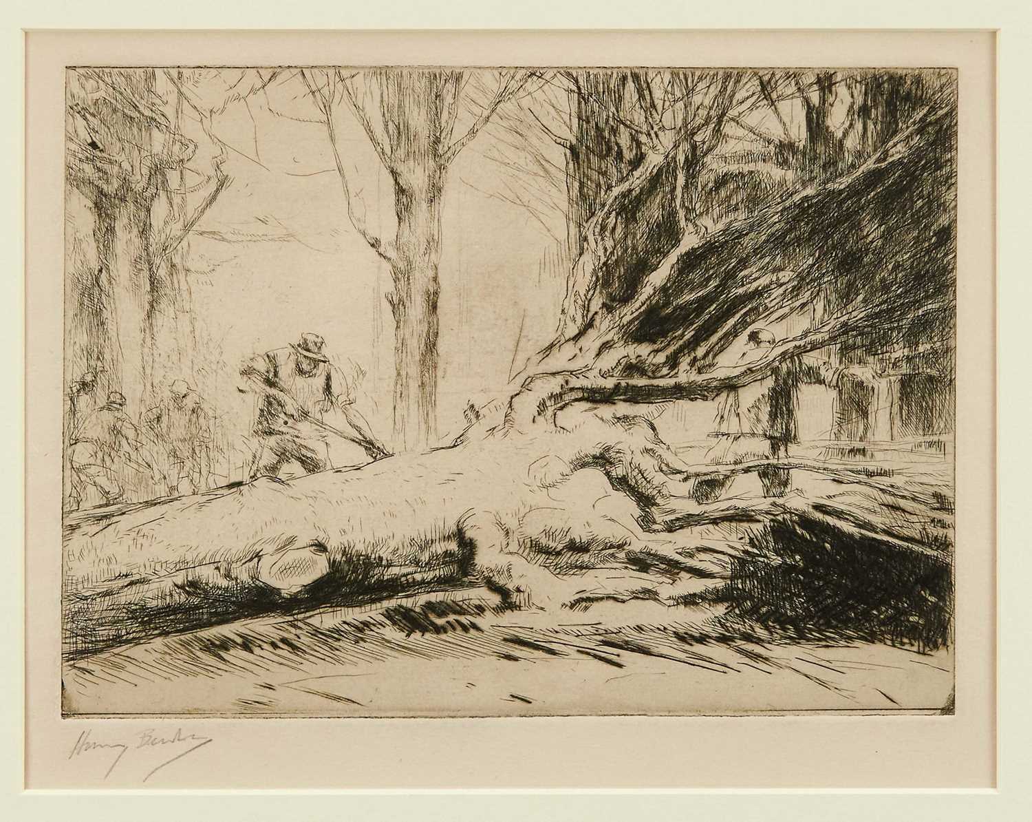 Lot 784 - Harry Becker (1865-1928) signed etching - Fallen Tree, 21cm x 27cm, in glazed frame 
Provenance: John Stevens Fine Art, Hadleigh Suffolk 
Illustrated: Becker by David Thompson, page 40