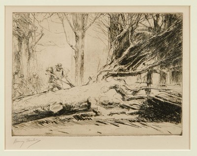 Lot 784 - Harry Becker (1865-1928) signed etching - Fallen Tree, 21cm x 27cm, in glazed frame 
Provenance: John Stevens Fine Art, Hadleigh Suffolk 
Illustrated: Becker by David Thompson, page 40