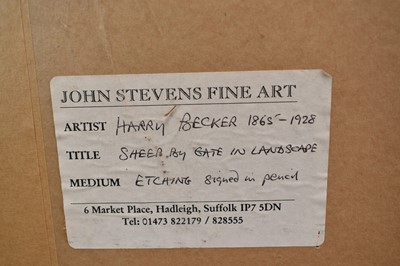 Lot 785 - Harry Becker (1865-1928) signed etching - Sheep by gate in Landscape, 27cm x 52cm, in glazed frame  
Provenance: John Stevens Fine Art, Hadleigh Suffolk