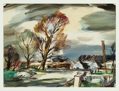 Lot 786 - *Rowland Suddaby (1912-1972) pen, watercolour and chalk - A Cambridgeshire Farm, signed, 26.5cm x 35cm, in glazed gilt frame