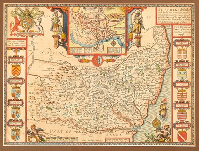 Lot 1049 - 17th century hand coloured John Speed engraved map of Suffolk, circa 1627, as sold by George Huble (Humble), English text verso, in double sided glazed frame, 38cm x 51cm