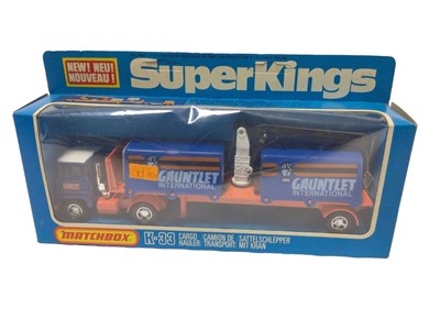 Lot 5 - Matchbox Super Kings including Petrol Tanker K-16, Cargo Hauler K-33, Pallet Truck K-34, Delivery Truck & Forklift K-40, Container Truck K-17 & Ford Delivery Van K-29, all boxed (6)