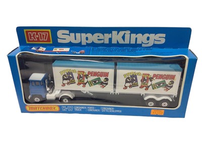 Lot 6 - Matchbox Super Kings including Airport Fire Tender K-75, Cargo Hauler K-33, Pallet Truck K-34, Container Truck K-17, Peterbilt Refrigeration Truck K-31 & Lamp Maintanance Set K-93, all boxed (6)