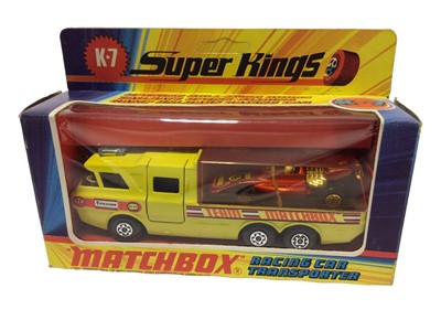 Lot 7 - Matchbox Super Kings including Animal Transporter K-8, Ford LTS Articulated Tipper K-18, SRN6 Hovercraft K-22, Racing Car Transporter K-7 & The Londoner Souvenir Jubilee Bus K-15, all boxed (5)