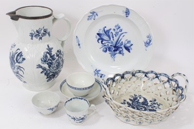Lot 135 - Six pieces of 18th century blue and white Worcester porcelain, including a cabbage leaf jug, chestnut basket, etc