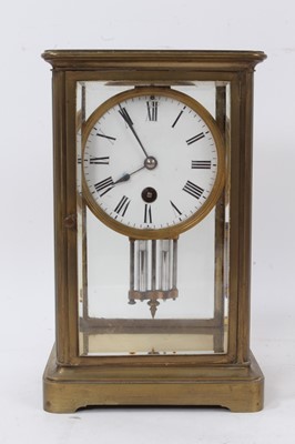 Lot 610 - Late 19th century brass four glass mantel clock with mercury pendulum.