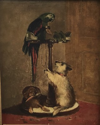 Lot 56 - After Landseer oil on canvas study of a Macaw and a Terrier, 29cm x 23cm in gilt frame