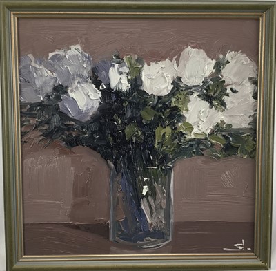 Lot 131 - Vivek Mandalia, oil on canvas, A vase of white roses, monogrammed and inscribed 
verso, in gilt frame. 30 x 30cm.