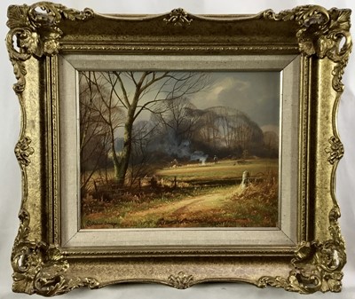Lot 132 - Christopher Osborne, oil on board, "Winter Work", signed also inscribed verso, in gilt 
frame.  19 x 24cm