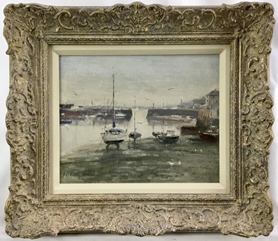 Lot 144 - William Burns 1923 - 2010, oil on board, Low Tide at Brixham Harbour in Devon, signed, 
also inscribed verso, in gilt frame. 19 x 24cm