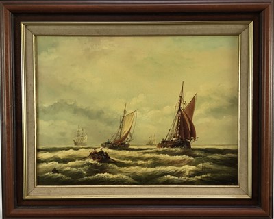 Lot 145 - Ken Hammond (b. 1948), oil on canvas, Dutch Botter and other shipping at sea,   
signed, in painted frame. 29 x 39cm